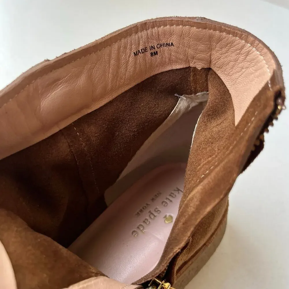 Kate Spade Size 8 Bellamy Ankle Boots Tan Suede Fringe Tassel Side Zip Neutral